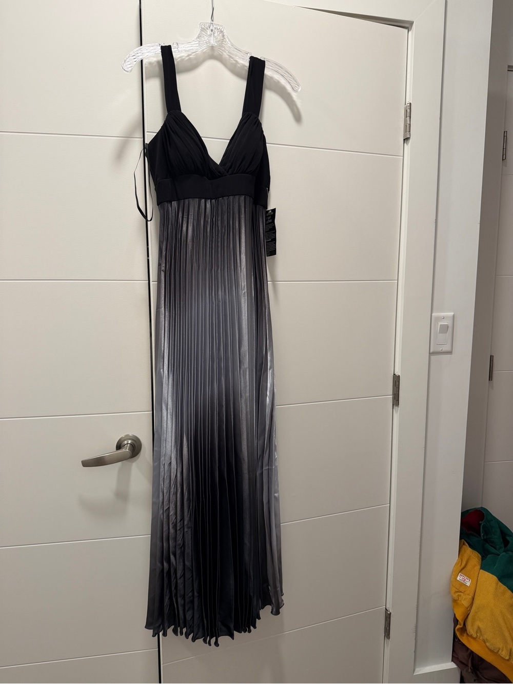 Betsy & Adam Black to Gray Ombre Pleated Maxi Dress